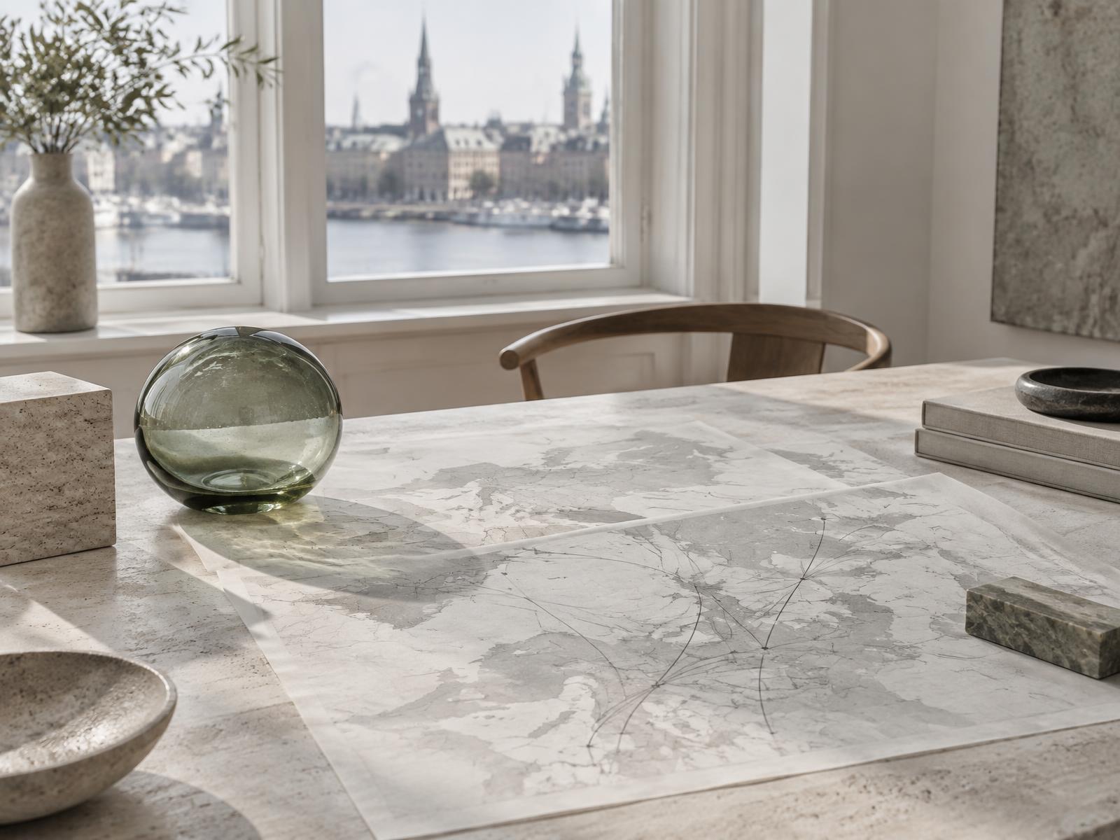Maps and materials on a Scandinavian strategy table